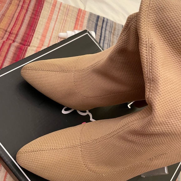 Cupid tan cloth slip on bootie with wood black heel - Picture 3 of 4